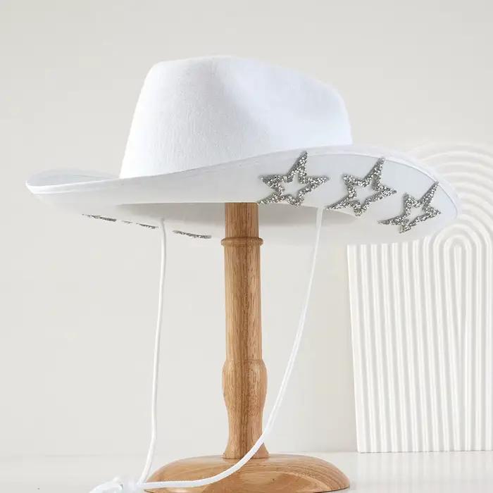 Chapeau de cowboy rétro brillant style western, avec étoile scintillante et strass, à large bord, ch