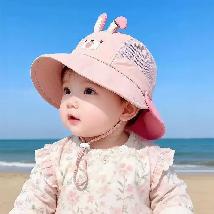 Chapeau de soleil pour bébé avec oreilles d'ours et de lapin, en maille respirante, à large bord, av