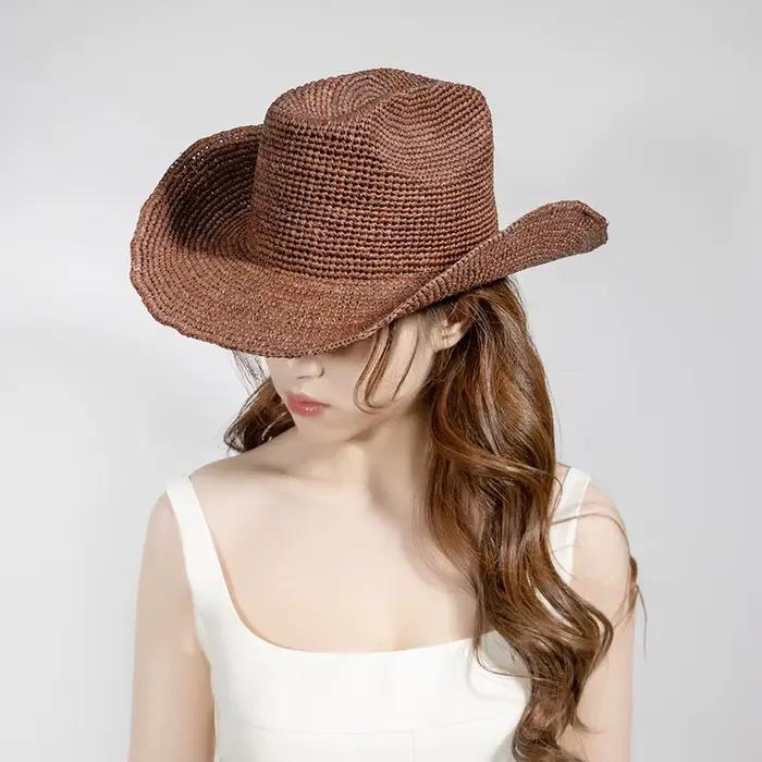 Chapeau de cowboy en raphia naturel crocheté à la main pour femmes et hommes, chapeau de soleil à la