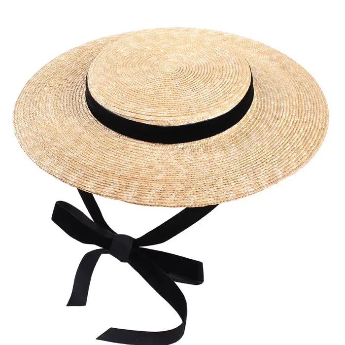 Chapeau de paille pour femmes, taille courte, avec rubans noirs, Mini couvre-chef en paille avec Cli