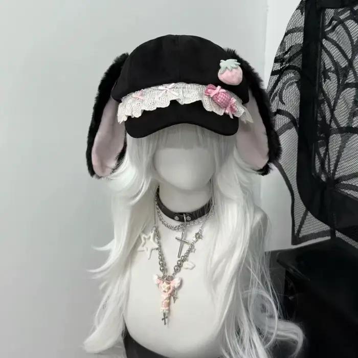 Casquette de baseball rose à oreilles de lapin en dentelle, chapeau décoratif en fourrure à bec de c