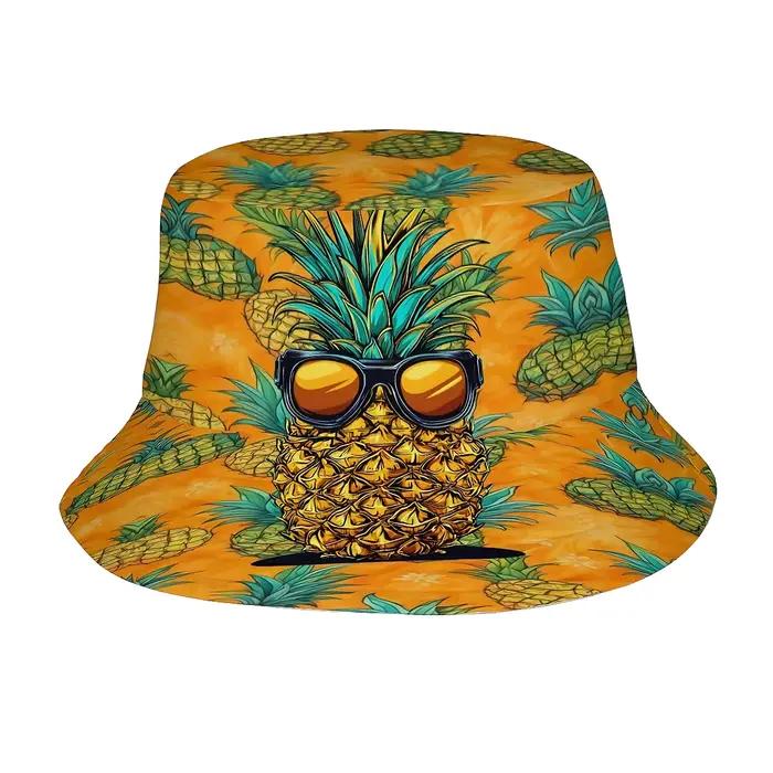 1 chapeau bob tropical hawaïen motif ananas - Design amusant et original ananas et lunettes de solei