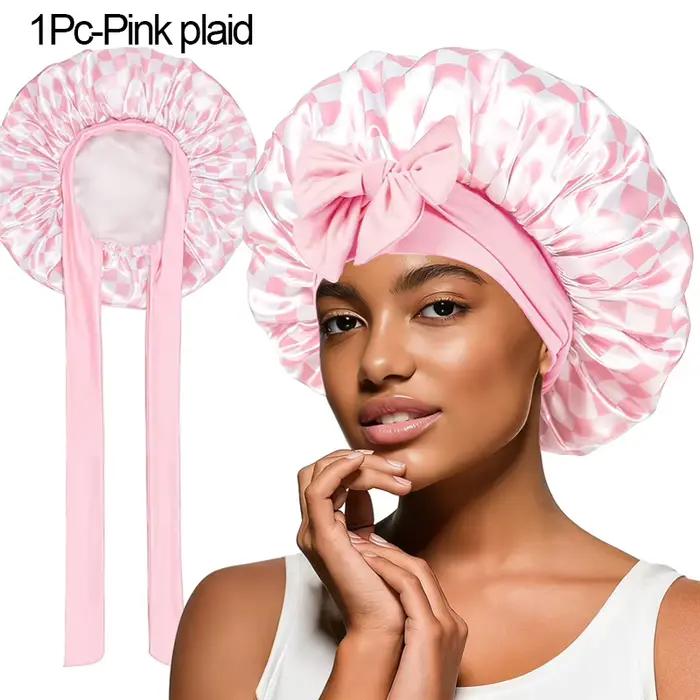 Bonnet de nuit en satin beige à motif cerise pour femme, avec lacets, pour le soin des cheveux, doux
