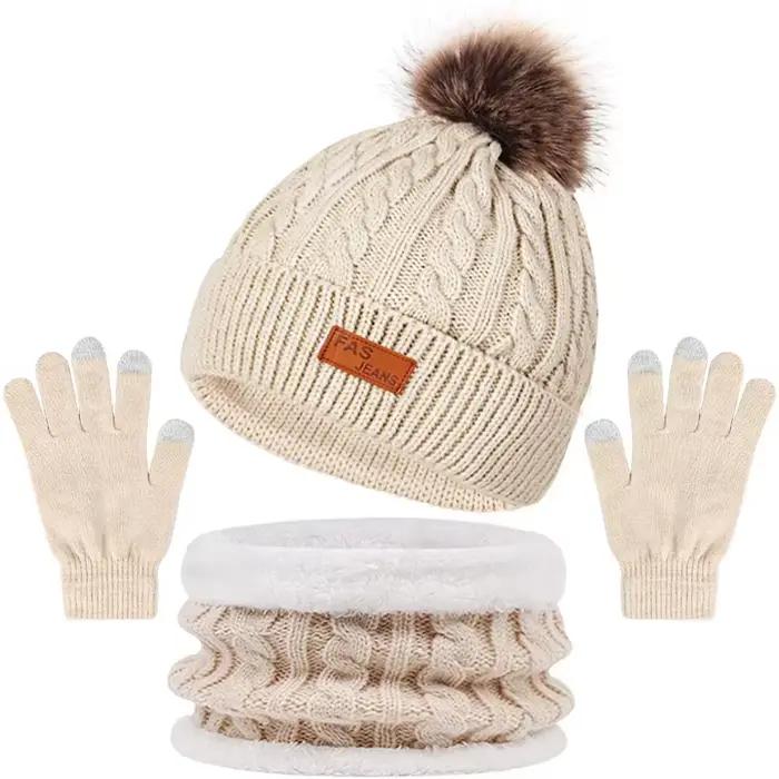 3 pièces/ensemble femmes hiver chapeau écharpe gants fausse fourrure boule adolescente filles tricot