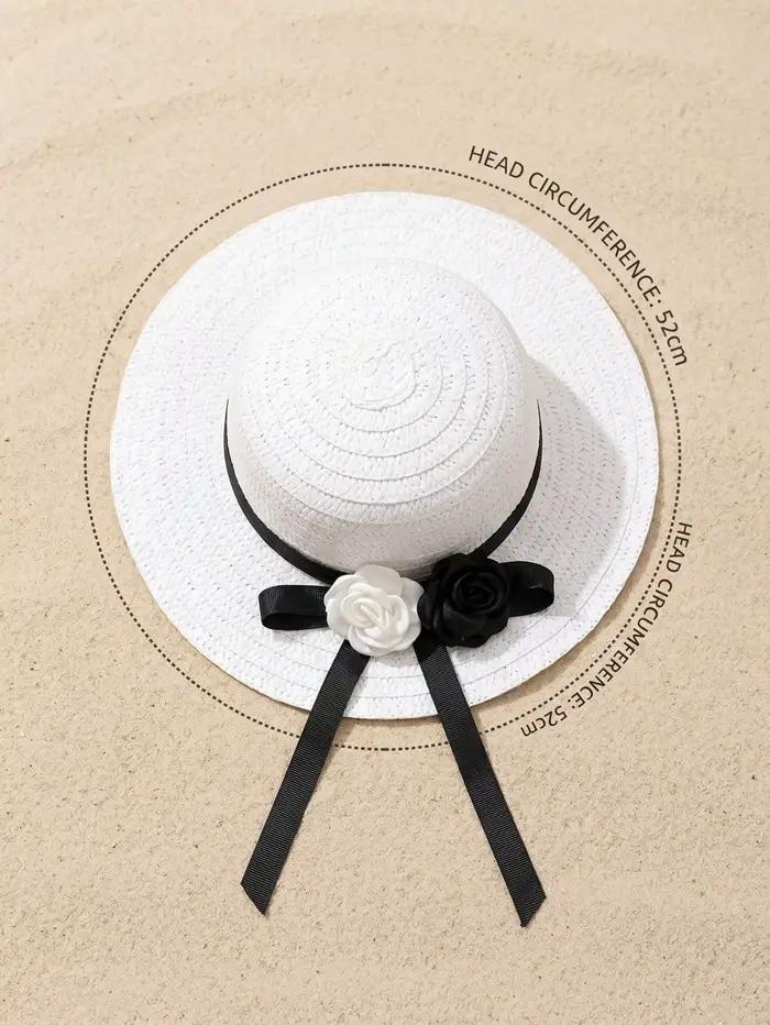 Chapeau de paille blanc pour filles de 3 à 8 ans, avec fleurs noires et blanches et ruban noir, chap