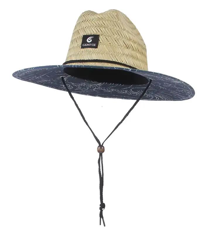 Chapeau de sauveteur en paille tissé pour femme, chapeau de soleil de plage d'été, impression extéri