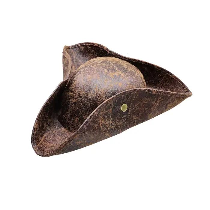 Chapeau de Pirate en Faux cuir, chapeau de capitaine marron, bouton Vintage, mascarade, Costume de C