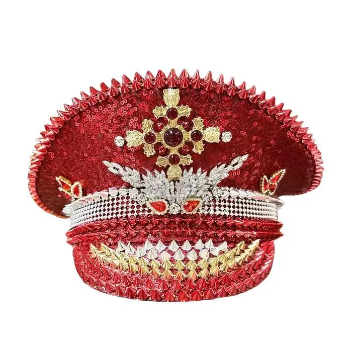 HongLuan Chapeau de capitaine Steampunk rouge avec strass pour femme du festival Burningman, évaluat
