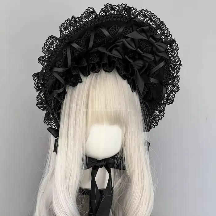 Bonnet en dentelle noire Lolita fait à la main, Style gothique foncé, couleur personnalisable, Origi