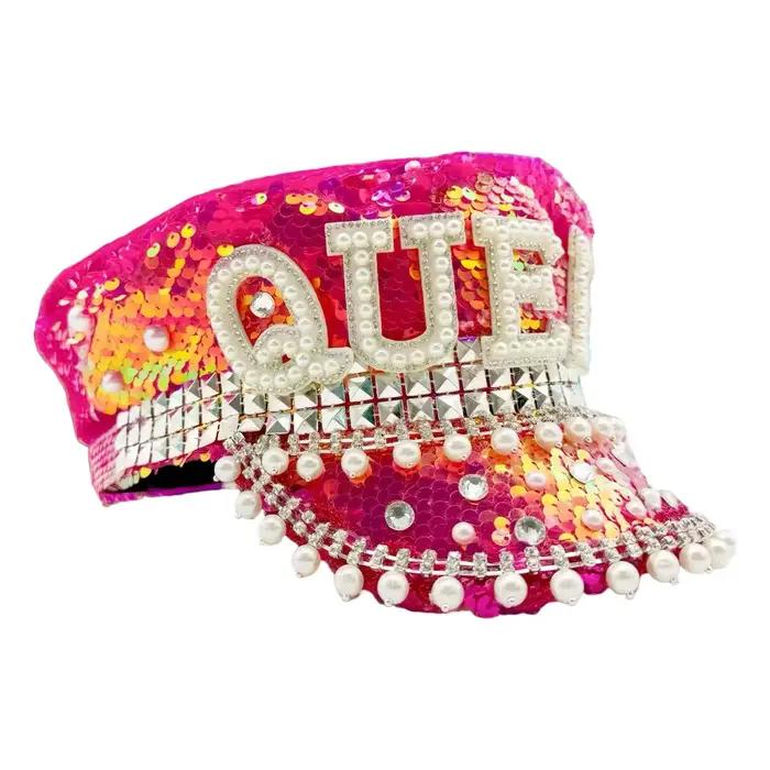 HongLuan rose reine capitaine chapeau strass pour homme brûlant Festival femme, accessoires de Festi