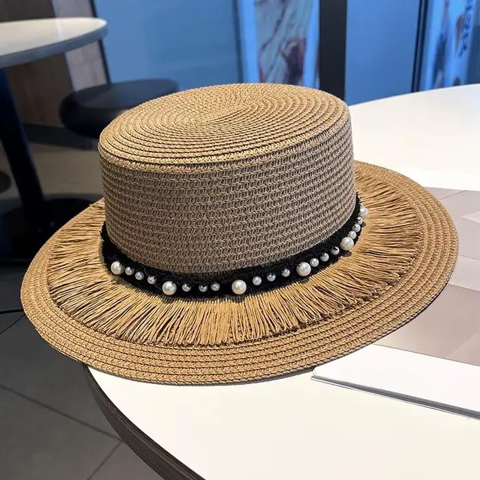 Chapeau de paille plat français pour femme, chapeau de soleil d'été à large bord, chapeau de plage t