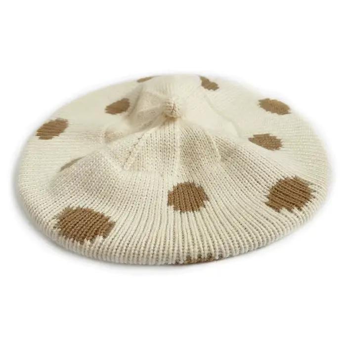 Chapeau de peintre tricoté pour fille de 1 à 4 ans, couleur Maillard, béret en laine à pois, béret c