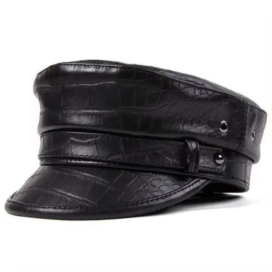 Chapeau en cuir naturel, casquettes militaires en cuir de vache, casquettes plates pour hommes et fe