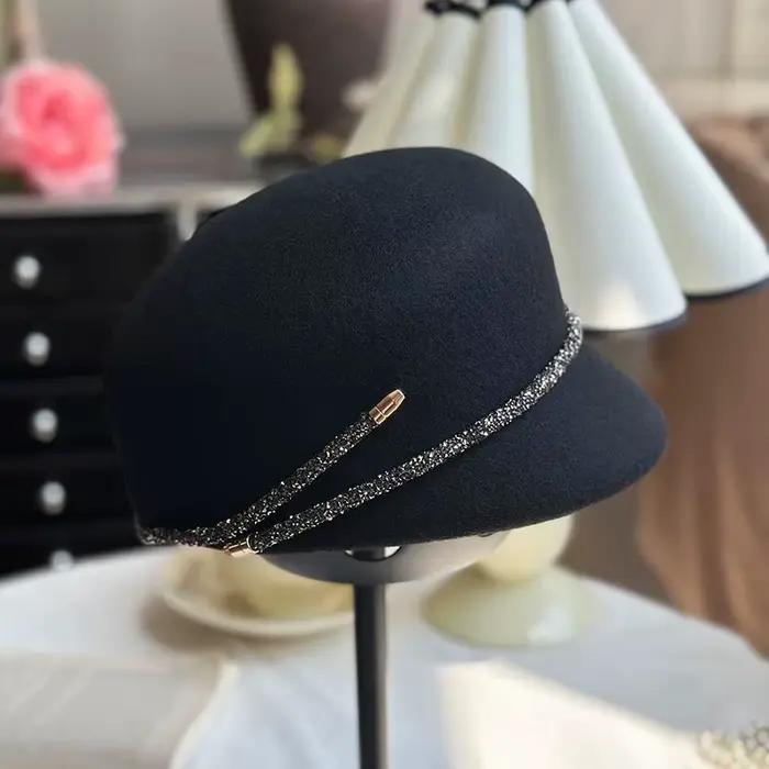 Béret en Tweed de laine décoré de strass, chapeau Vintage élégant de Style britannique pour l'automn
