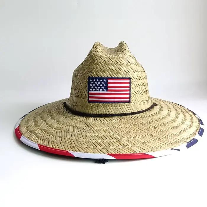 Chapeau de soleil en paille à large bord avec drapeau américain, chapeau de sauveteur patriotique am