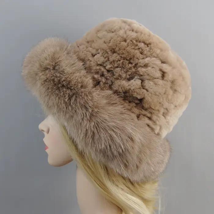 Nouveau luxe tricoté réel véritable fourrure de renard chapeaux femmes bonnets solide Rex lapin