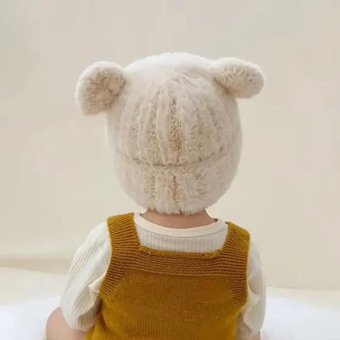 Chapeau d'hiver pour bébés garçons et filles de 1 à 4 ans – Bonnet en tricot beige doux avec oreillettes d'ours