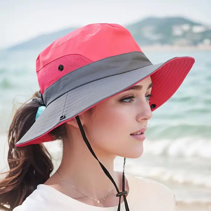 Chapeau de soleil bicolore pour femme avec trou pour queue de cheval – Maille respirante imperméable à large bord pour la plage et la pêche pour le printemps et l'été