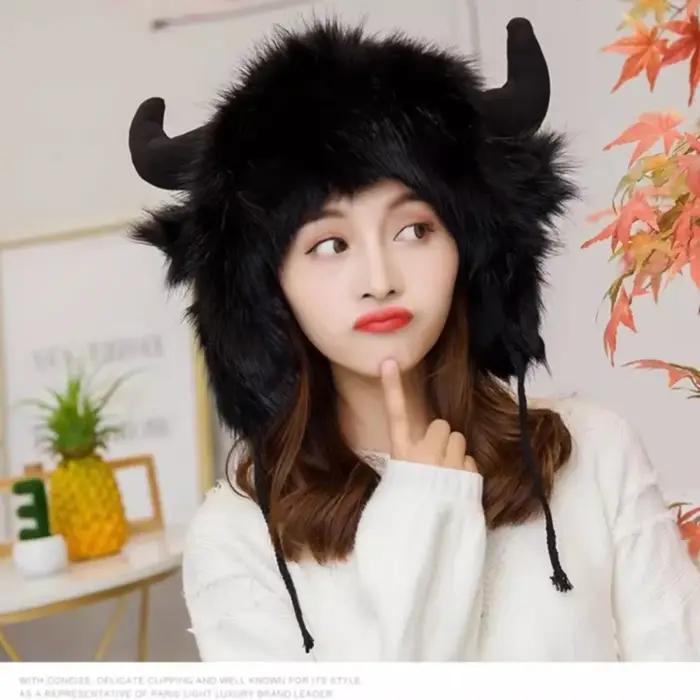 Chapeau Bullhead unisexe en coton tricoté, chapeau bison épais et moelleux, coupe-vent avec cornes, chapeau amusant pour homme et femme, occasions spéciales et plages
