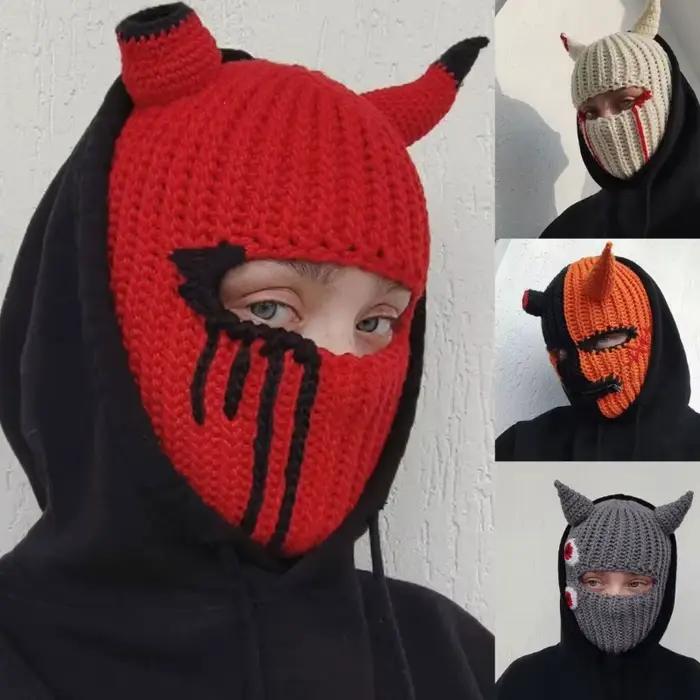Cornes drôles chapeau tricoté Cosplay Halloween mascarade bonnets chaud couverture complète du visage masque de Ski