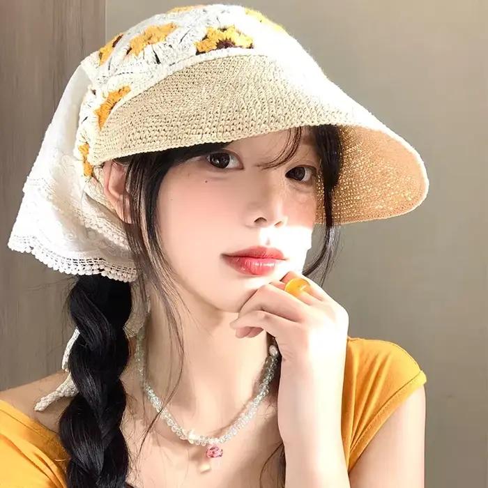Style pastoral français fleur dentelle épissage foulard casquettes femmes été bord de mer voyage Protection solaire polyvalent doux chapeau de soleil