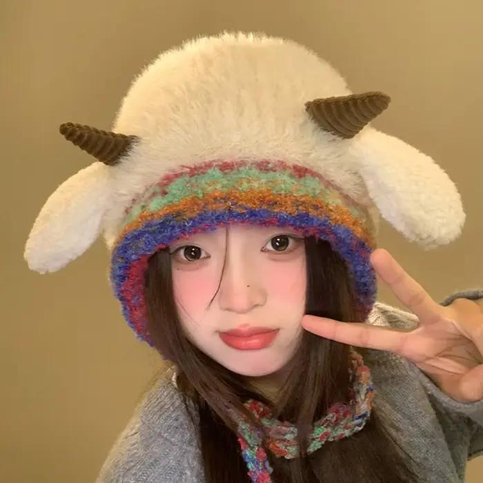 Chapeau coréen en peluche mignon pour homme et femme couvre-oreilles tricoté chaud résistant au froid et assorti avec tout pour l'automne et l'hiver