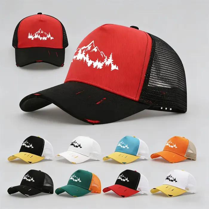 Casquette de camionneur en maille noire effet vieilli imprimé montagne pour homme et femme activités plein air style sport et urbain универсальное головное убор из нейлона с эффектом старения и принтом гор в стиле спорта и города для мужчин и женщин