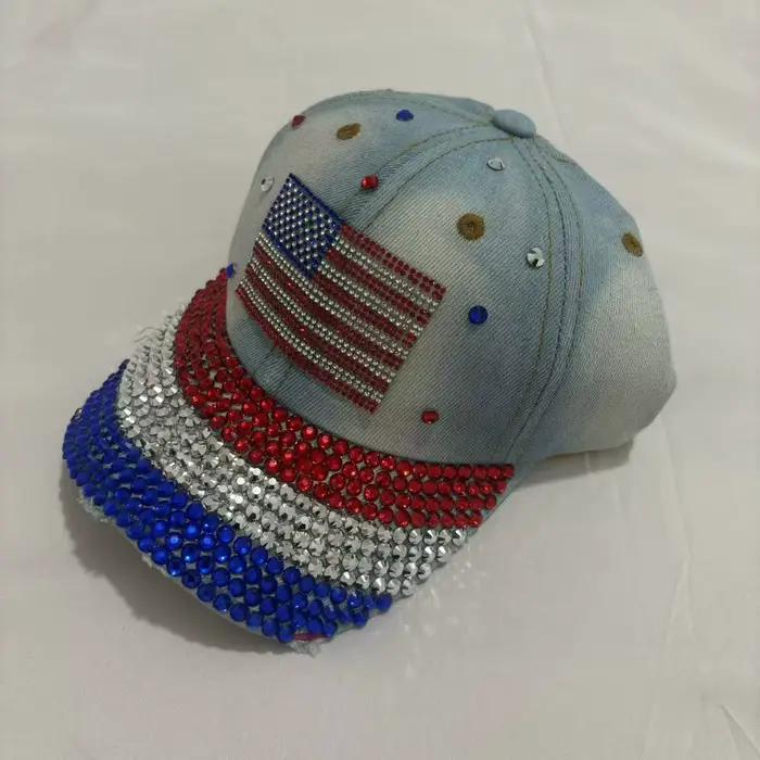 Casquette de Baseball en Denim avec drapeau en strass pour femmes