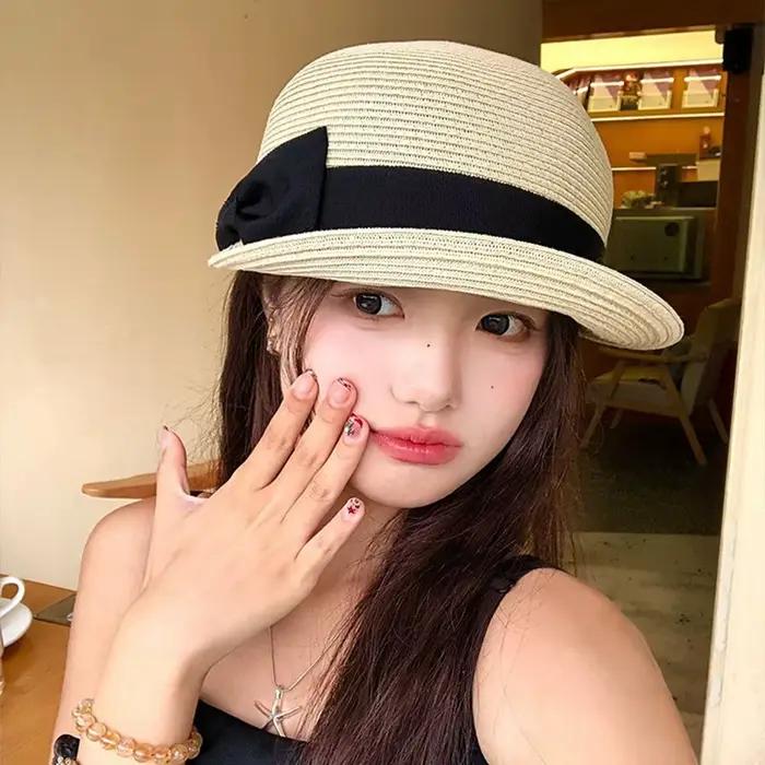 Chapeau d'été élégant en paille tressée avec nœud français style décontracté pour femme occasions spéciales été festival plage mariage