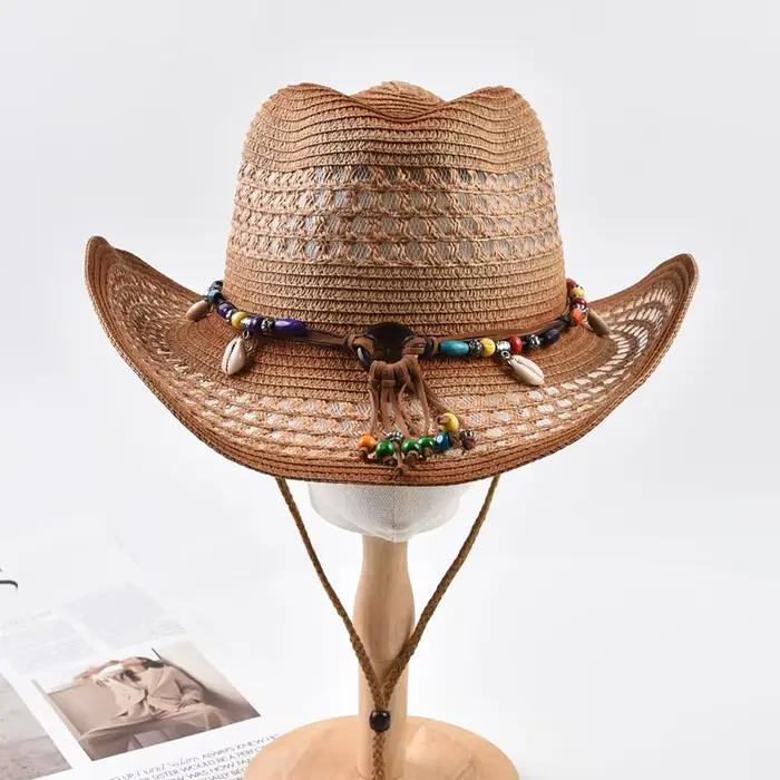 Chapeau de cowboy en paille style bohème protection solaire ajouré plage été pour femmes et hommes occassions estivales