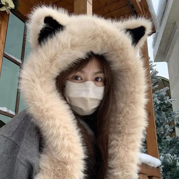 Mignon renard oreille moelleux chapeau écharpe chaud épais en peluche à capuche
