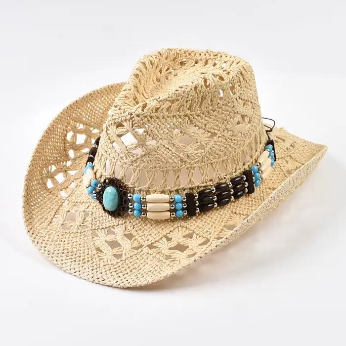 Chapeau de soleil en paille ajouré style bohème pour l'été