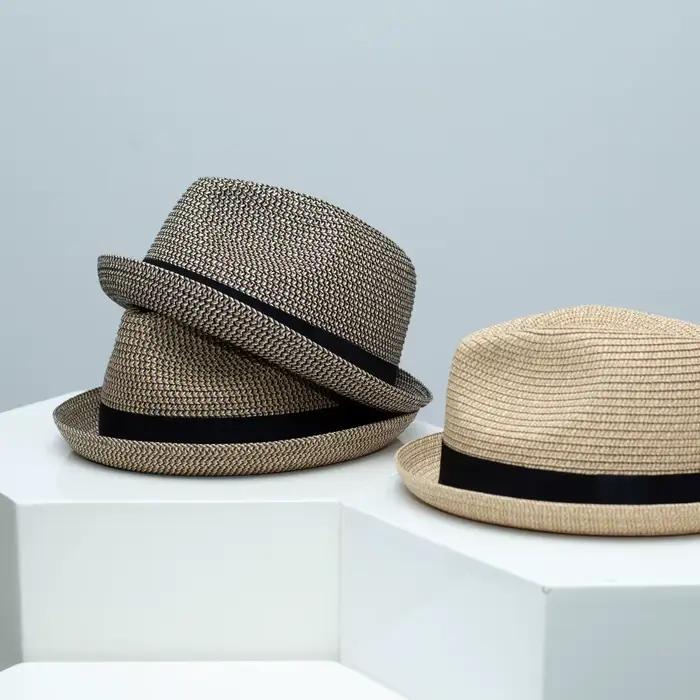 Chapeau classique de paille Trilby britannique vintage Fedora d'été respirant chapeau de soleil de plage Panama en paille casquette de voyage cubaine pour homme occassions extérieures printemps été