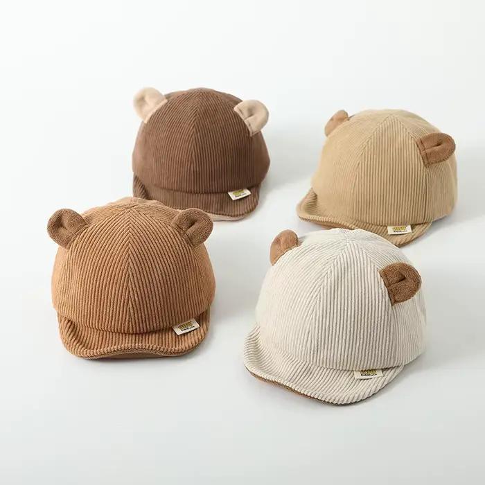 Nouveau chapeau de bébé en velours côtelé couleur unie mignon ours oreille réglable casquettes de Baseball nouveau-né enfant en bas âge garçon fille chapeaux de soleil hiver printemps