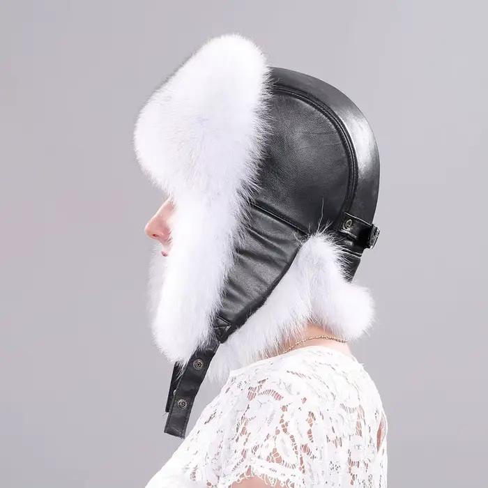 Chapeau de fourrure de renard véritable russe ushanka trapper bonnet avec haut en cuir pour femmes hiver automne occassions spéciales