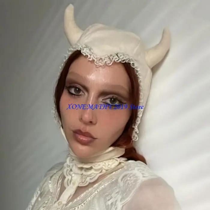 F42F grand chapeau lapin oreilles corne d'Halloween bonnet