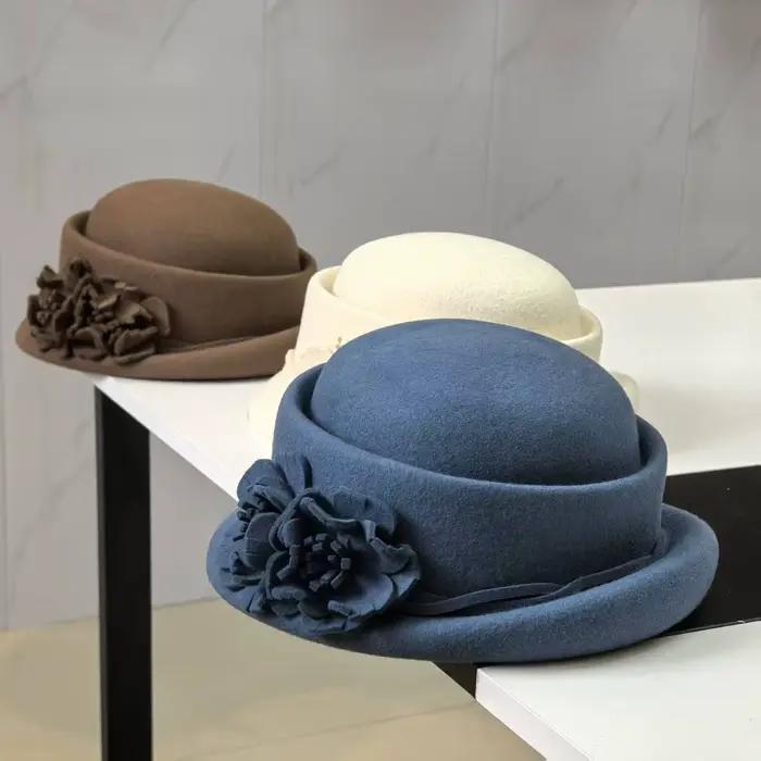 Casquette Fedora en feutre de laine fleur de camélia 3D pour femmes