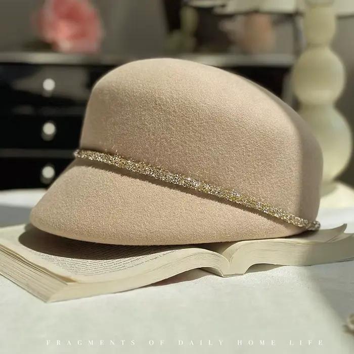 Béret en tweed de laine décoré de strass style britannique vintage pour femmes élégantes occasions spéciales automne hiver équitation