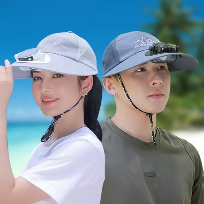 Chapeau de pêche avec ventilateur pour homme et femme protection solaire extérieure en toile coton polyester couleur noir gris foncé et clair style moderne fraicheur été activités de plein air