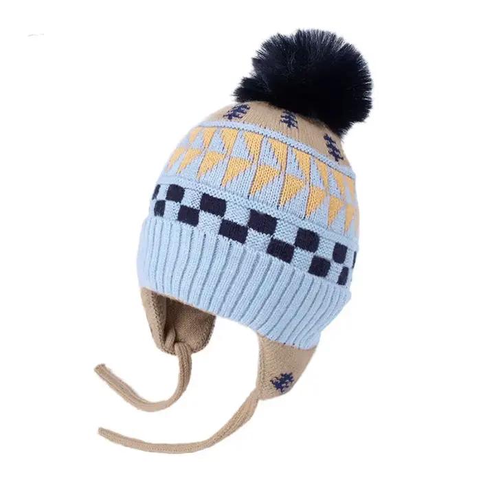 Mignon Jacquard bébé tricoté chapeau boule de cheveux chaud enfants bonnets casquette épaissir doux cache-oreilles