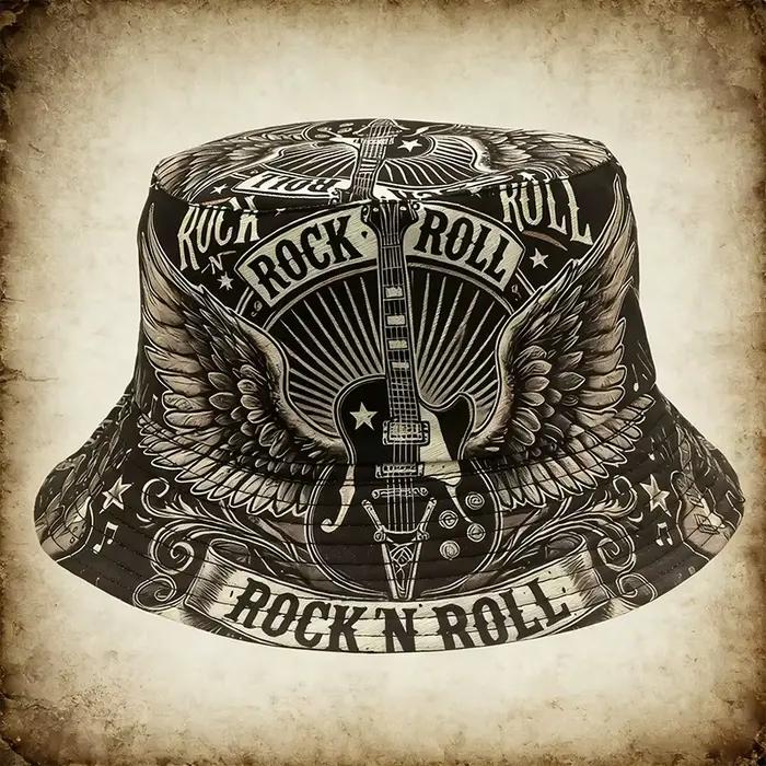 Chapeau Bob Double Couche Style Rock & Roll avec Imprimé Guitare