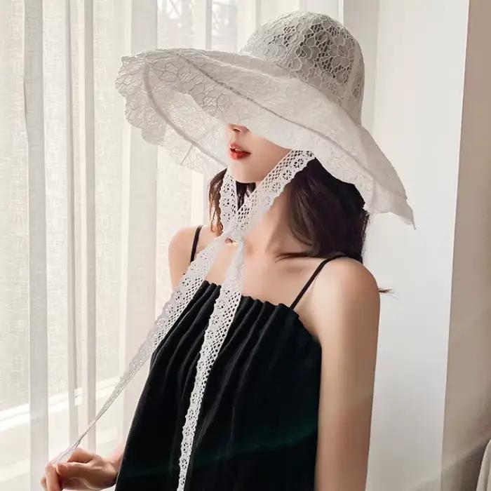 2025 nouvelle mode femmes chapeau d'été dames solide dentelle large bord