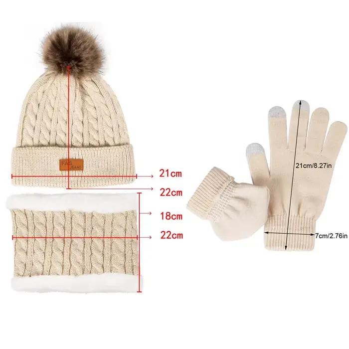 3 pièces/ensemble femmes hiver chapeau écharpe gants fausse fourrure boule adolescente filles tricoté bonnet cou plus chaud costume oreilles chaudes femme casquette ensemble