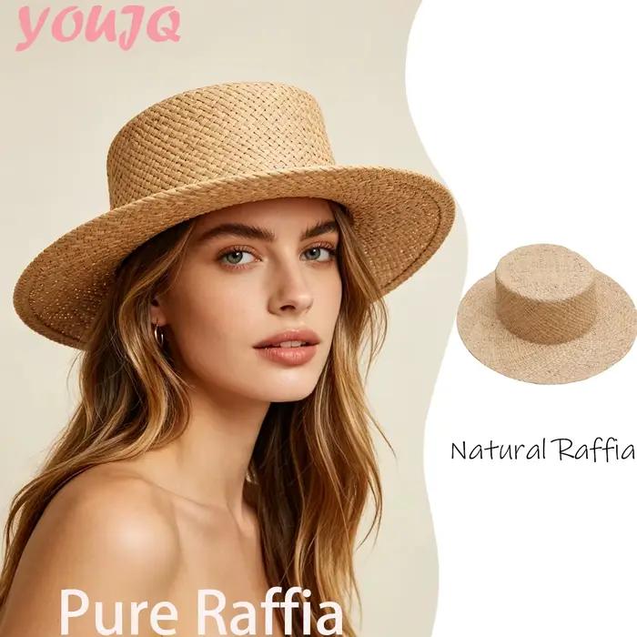 Chapeaux unisexes DIY en raphia pur beige à large bord pour femmes et hommes
