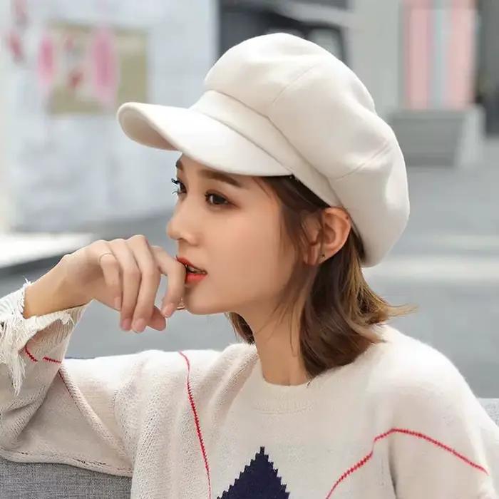 Automne hiver chapeaux pour femmes solide plaine octogonale casquette de gavroche hommes dames décontracté laine chapeau