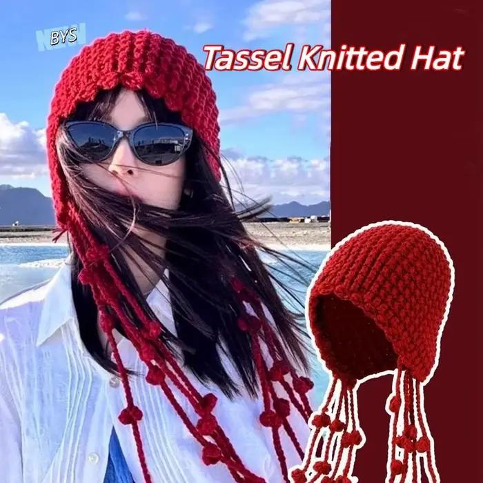 Chapeau tricoté au Crochet avec pompons