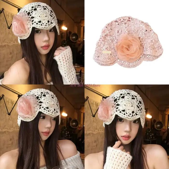 Chapeau crochet artisanal féminin 49ME avec dentelle arrangements complexes