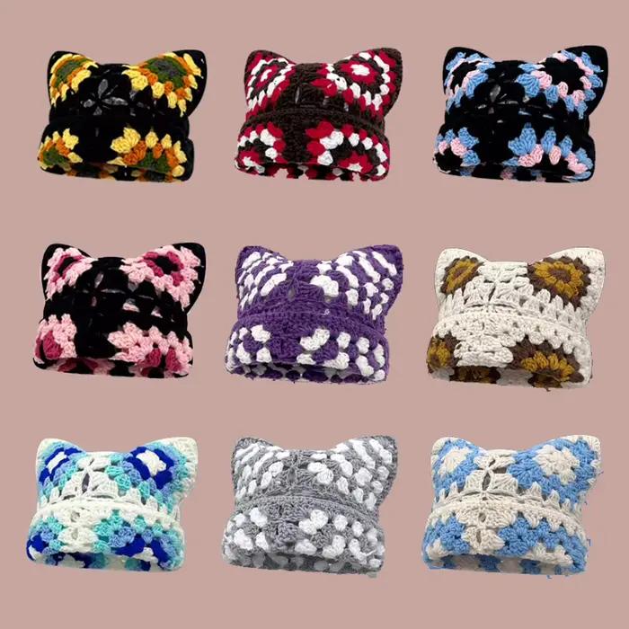 Rétro coloré grand-mère grille carré chat oreille à la main tricoté bonnet femmes automne hiver chaud doux décontracté laine chapeau