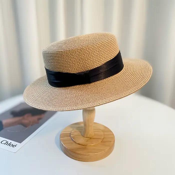 Les quatre saisonsRetro HatPanamaFlatBrimmed Sun Hatbucket Hat Protection UV Sun Hat pour plage MiniBow Vacances Chapeau de paille fait à la main