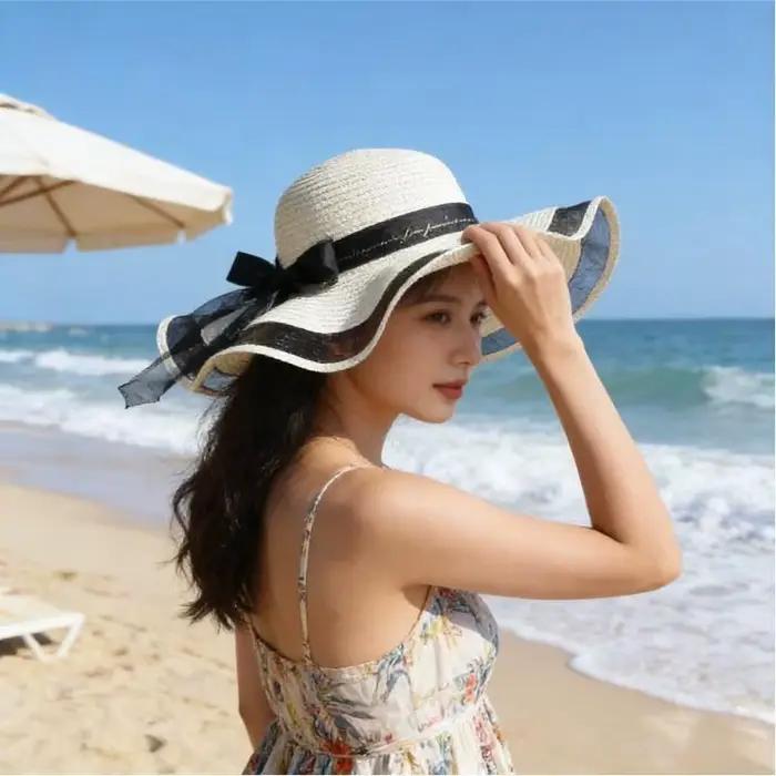 ❃ Chapeau de paille à bord plat tendance pour filles